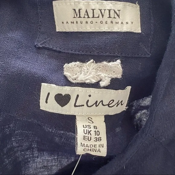 Malvin 100% Linen and Lace Trim Navy Embroidered Dress, Size Small 6 - Picture 9 of 11